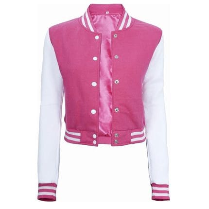 Pink & White Cropped Varsity Jacket Women Trendy Baseball Bomber Letterman Jacket with Fleece, Lightweight & Stylish - Image 2