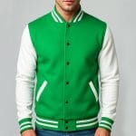 Men’s Varsity Jacket Green White Baseball Letterman Bomber College Style Cotton Blend Coat