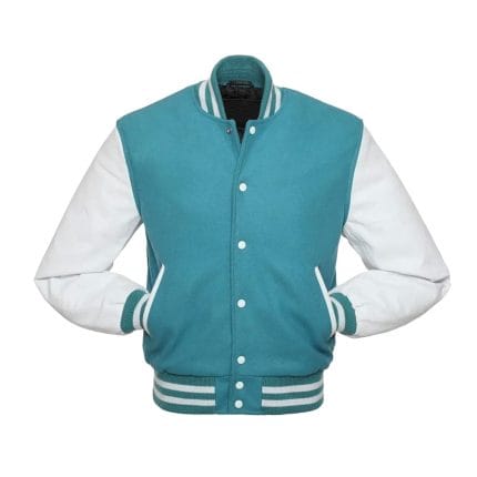 Men’s Sky Blue Varsity Jacket with White Faux Leather Sleeves | Classic Wool Letterman College Baseball Jacket | Stylish Winter Streetwear Outerwear - Image 2