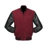 Men’s Varsity Jacket Maroon Wool Body with Black Faux Leather Sleeves | Classic College Letterman Baseball Jacket | Stylish Winter Outerwear with Multiple Pockets