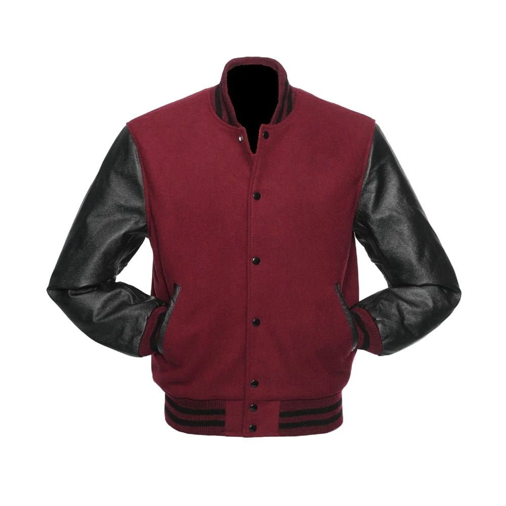 1 Men’s Varsity Jacket Maroon Wool Body with Black Faux Leather Sleeves | Classic College Letterman Baseball Jacket | Stylish Winter Outerwear with Multiple Pockets - Image 1