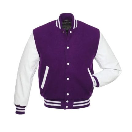Men’s Varsity Jacket Purple Wool Body with White Faux Leather Sleeves | Classic College Letterman Baseball Jacket | Stylish Winter Outerwear with Multiple Pockets - Image 2