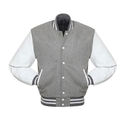 Men’s Gray Varsity Jacket with White Sleeves | Wool Letterman College Baseball Jacket | Classic Gray and White Varsity Outerwear for Men - Image 2