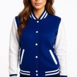 Women’s Blue and White Varsity Jacket Classic High School Letterman Bomber Baseball Jacket for Women | Lightweight Outerwear