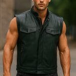 LuxHide Men’s Black Leather Motorcycle Biker Vest Club Style Riding Vest with Concealed Carry Pockets & Premium Cowhide Leather