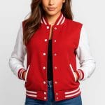 Women’s Red and White Varsity Jacket High School Letterman Bomber Style Baseball Jacket for Women | Lightweight Outerwear