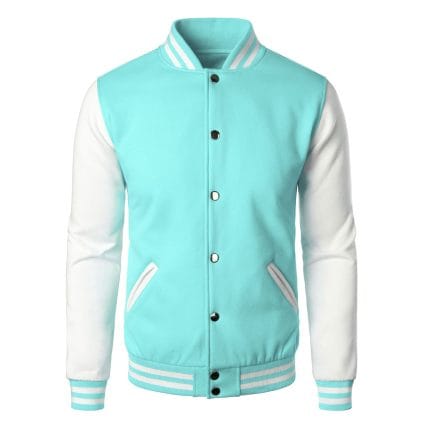 Men’s Varsity Jacket Light Blue & White Classic Baseball Letterman Bomber, Cotton Blend College Style Outerwear - Image 2
