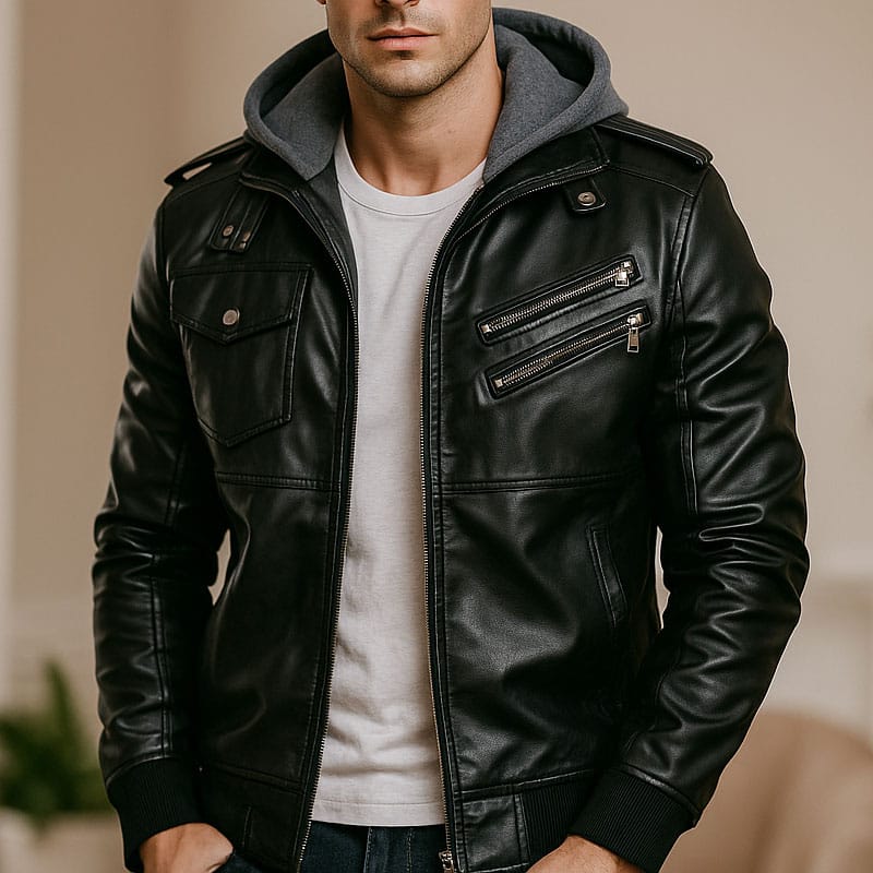 13 Men’s Black Leather Jacket with Removable Hood Zip-Up Biker Style, Casual Streetwear Outerwear with Multiple Pockets & Soft Lining - Image 1