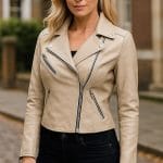 Women’s Off-White Faux Leather Biker Jacket Asymmetrical Zipper, Slim Fit & Stylish Outerwear for All Seasons