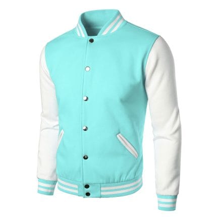 Men’s Varsity Jacket Light Blue & White Classic Baseball Letterman Bomber, Cotton Blend College Style Outerwear - Image 3