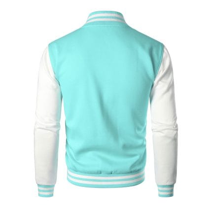 Men’s Varsity Jacket Light Blue & White Classic Baseball Letterman Bomber, Cotton Blend College Style Outerwear - Image 4