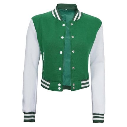 Green & White Cropped Varsity Jacket Women Trendy Baseball Letterman Bomber with Fleece & Polyester Comfort - Image 2