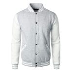 Men’s Varsity Jacket Light Gray & White – Classic Baseball Letterman Bomber, Cotton Blend College Streetwear Coat