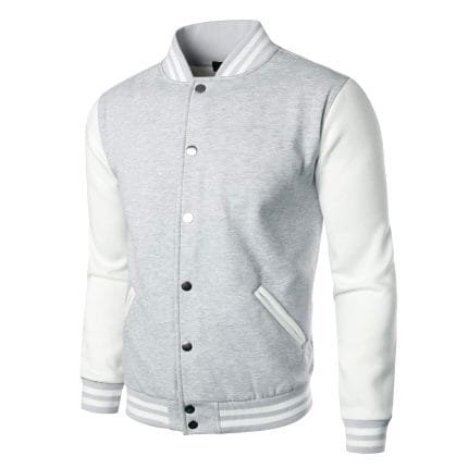 Men’s Varsity Jacket Light Gray & White – Classic Baseball Letterman Bomber, Cotton Blend College Streetwear Coat - Image 2
