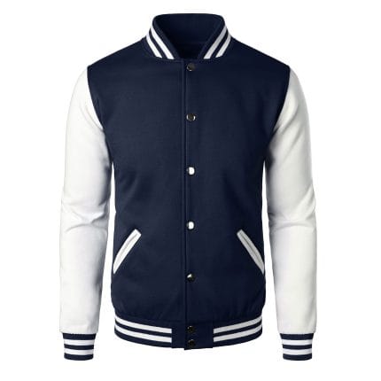 Men’s Varsity Jacket Navy Blue & White Classic Baseball Letterman Bomber, Cotton Blend College Outerwear - Image 2
