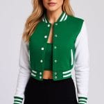 Green & White Cropped Varsity Jacket Women Trendy Baseball Letterman Bomber with Fleece & Polyester Comfort