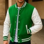 Men’s Green Varsity Jacket with White Sleeves | Wool Letterman College Baseball Jacket | Classic Green and White Varsity Outerwear for Men