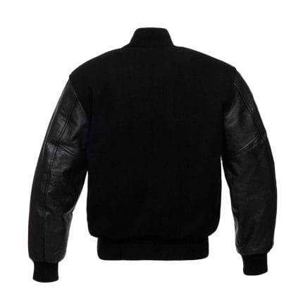 Men’s Black Varsity Jacket Wool Body with Faux Leather Sleeves | All Black Letterman College Jacket | Stylish Winter Streetwear Outerwear with Multiple Pockets - Image 3