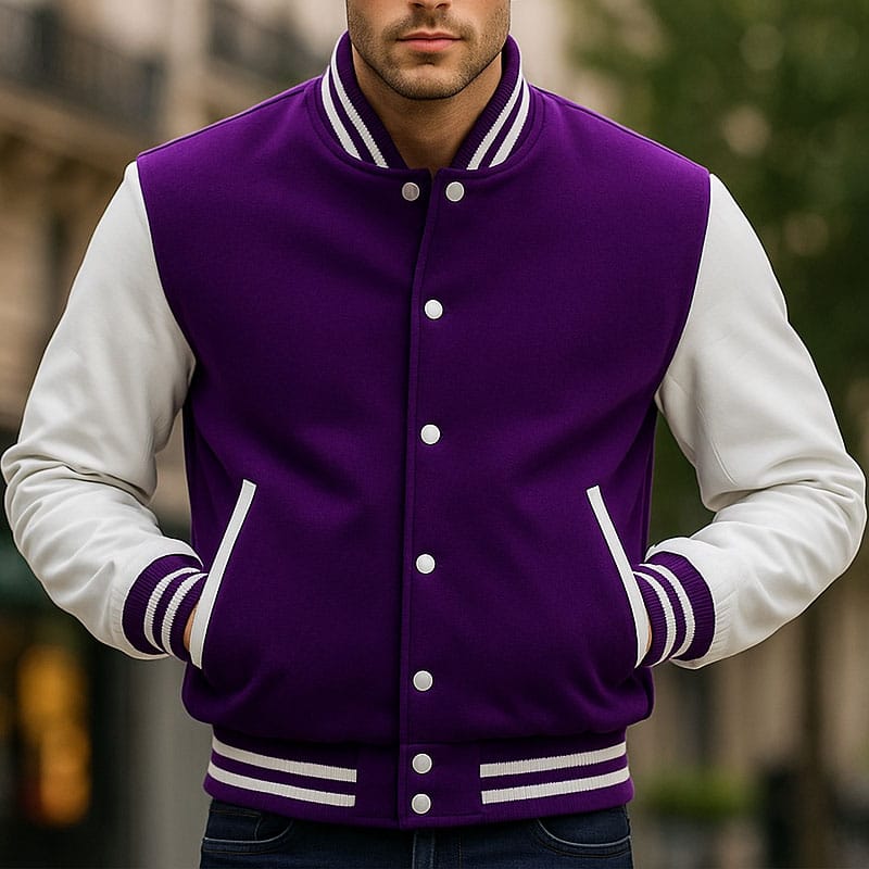 2 Men’s Varsity Jacket Purple Wool Body with White Faux Leather Sleeves | Classic College Letterman Baseball Jacket | Stylish Winter Outerwear with Multiple Pockets - Image 1