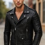 Men’s Black Genuine Leather Biker Jacket Quilted Motorcycle Style with Zipper Pockets & Slim Fit Design | Premium Real Leather Moto Jacket for Men