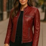 Women Red Faux Leather Jacket PU Motorcycle Biker Jacket, Stylish Cafe Racer Slim Fit with Quilted Shoulders & Multiple Zipper Pockets