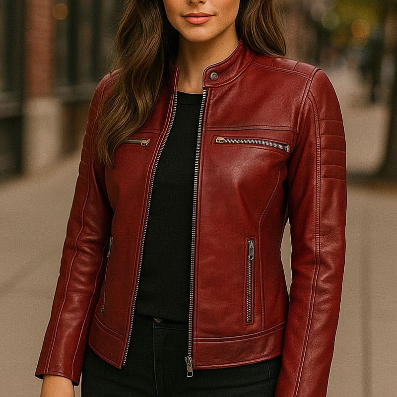 2 Women Red Faux Leather Jacket PU Motorcycle Biker Jacket, Stylish Cafe Racer Slim Fit with Quilted Shoulders & Multiple Zipper Pockets - Image 1