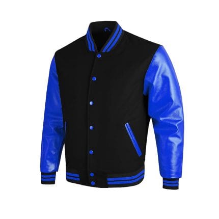 Men’s Varsity Wool Jacket Black Body with Navy Blue Faux Leather Sleeves | College Letterman Jacket with Navy Blue Stripes | Stylish Winter Outerwear with Multiple Pockets - Image 2