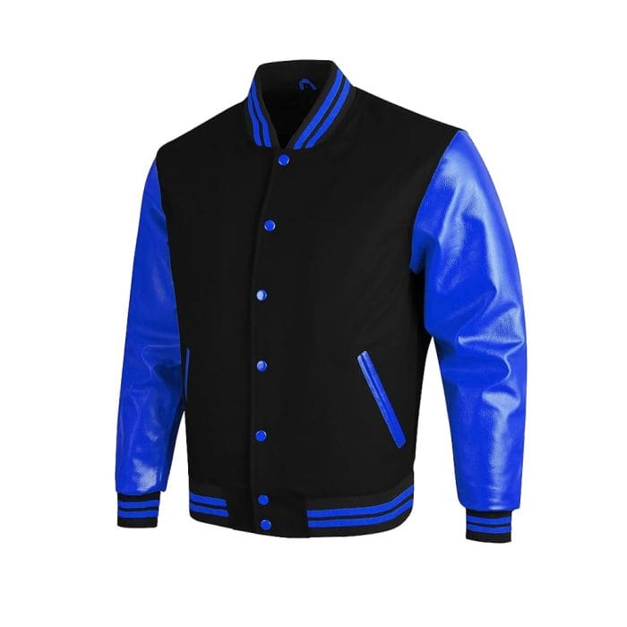 Men’s Varsity Wool Jacket Black Body with Navy Blue Faux Leather Sleeves | College Letterman Jacket with Navy Blue Stripes | Stylish Winter Outerwear with Multiple Pockets - Image 2