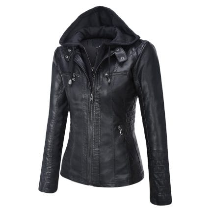 Women’s Black Faux PU Leather Jacket with Removable Hood Slim Fit Biker Moto Jacket - Image 3