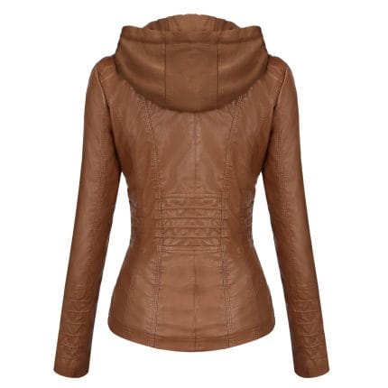 Women’s Brown Faux PU Leather Jacket with Removable Hood Slim Fit Moto Biker Style - Image 4