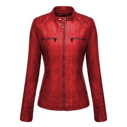 Women’s Red Faux PU Leather Jacket with Removable Hood Slim Fit Moto Biker Style - Image 2