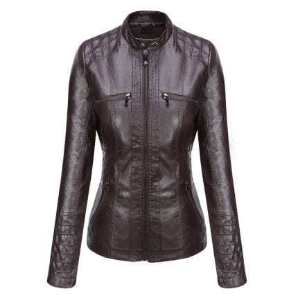 Women’s Dark Coffee Faux PU Leather Jacket with Removable Hood Slim Fit Moto Biker Style - Image 2