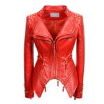 Women’s Red Faux Alligator PU Leather Jacket Punk Studded Biker Moto Coat with Rivet Lapel & Slim Fit Outwear