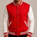 Men’s Varsity Jacket Red & White Classic Baseball Letterman Bomber, Cotton Blend College Outerwear