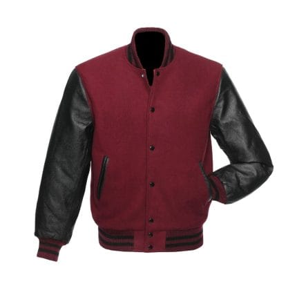 Men’s Varsity Jacket Maroon Wool Body with Black Faux Leather Sleeves | Classic College Letterman Baseball Jacket | Stylish Winter Outerwear with Multiple Pockets - Image 2