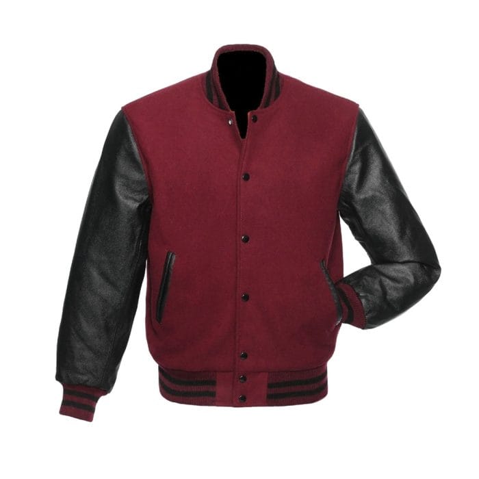 Men’s Varsity Jacket Maroon Wool Body with Black Faux Leather Sleeves | Classic College Letterman Baseball Jacket | Stylish Winter Outerwear with Multiple Pockets - Image 2