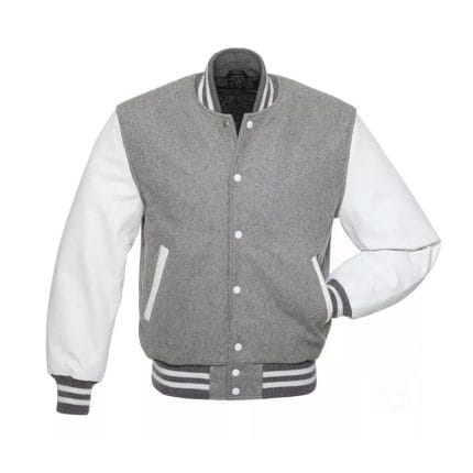 Men’s Gray Varsity Jacket with White Sleeves | Wool Letterman College Baseball Jacket | Classic Gray and White Varsity Outerwear for Men - Image 3