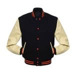 Men’s Varsity Wool Jacket with Faux Leather Sleeves | Black and Brown Letterman Style Winter Jacket | Casual College Baseball Outerwear with Pockets
