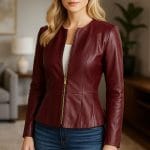 Women’s Maroon Faux Leather Peplum Biker Jacket Slim Fit Moto Outerwear with Adjustable Waist & Zipper Details