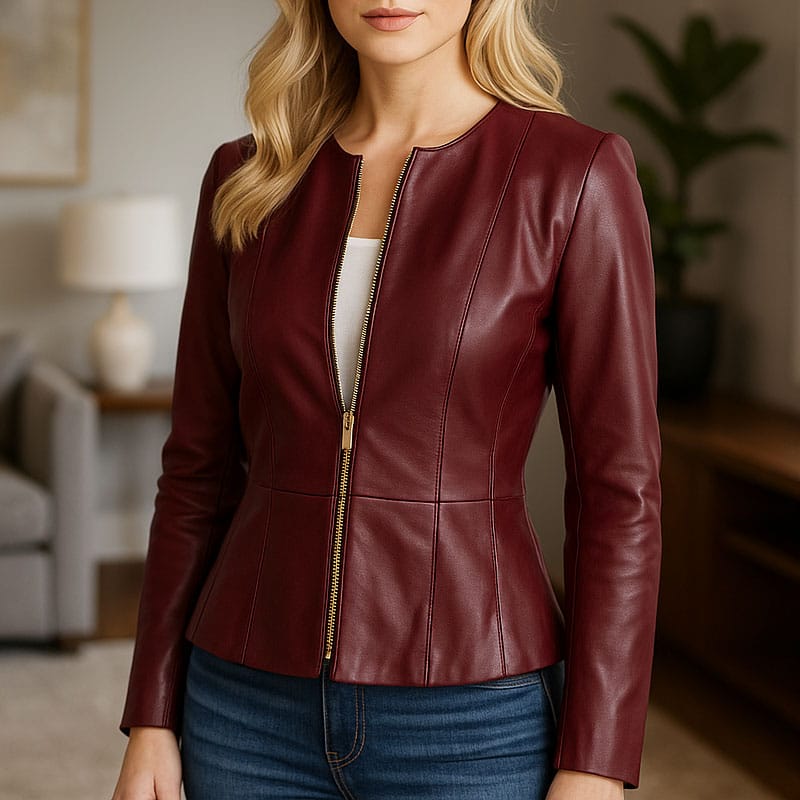 20 Women’s Maroon Faux Leather Peplum Biker Jacket Slim Fit Moto Outerwear with Adjustable Waist & Zipper Details - Image 1