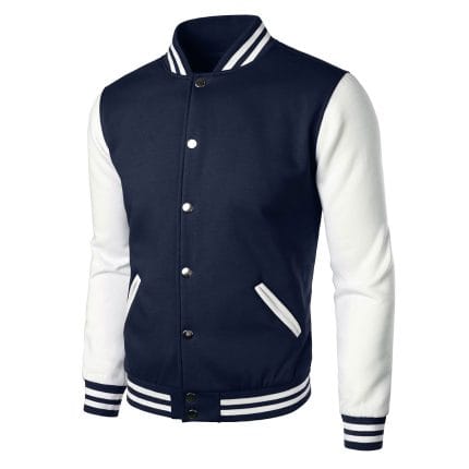 Men’s Varsity Jacket Navy Blue & White Classic Baseball Letterman Bomber, Cotton Blend College Outerwear - Image 3