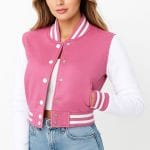 Pink & White Cropped Varsity Jacket Women Trendy Baseball Bomber Letterman Jacket with Fleece, Lightweight & Stylish
