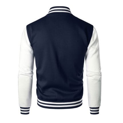 Men’s Varsity Jacket Navy Blue & White Classic Baseball Letterman Bomber, Cotton Blend College Outerwear - Image 4