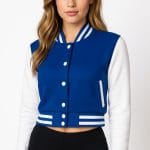 Blue & White Cropped Varsity Jacket Women Trendy Baseball Letterman Bomber Style with Fleece & Polyester Lining