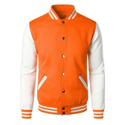 Men’s Varsity Jacket Orange & White Classic Baseball Letterman Bomber, Cotton Blend College Streetwear Coat - Image 2