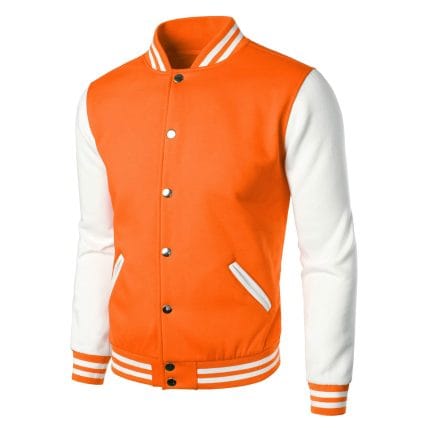 Men’s Varsity Jacket Orange & White Classic Baseball Letterman Bomber, Cotton Blend College Streetwear Coat - Image 3