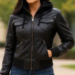 Women’s Genuine Lambskin Leather Hooded Motorcycle Jacket Black Bomber Style with Removable Hood, Ribbed Cuffs & Quilted Lining