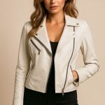 Women’s White Leather Biker Jacket Slim Fit Moto Style with Zipper Details | Stylish Faux Leather Outerwear for Casual, Travel & Parties