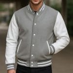 Men’s Gray Varsity Jacket with White Sleeves | Wool Letterman College Baseball Jacket | Classic Gray and White Varsity Outerwear for Men