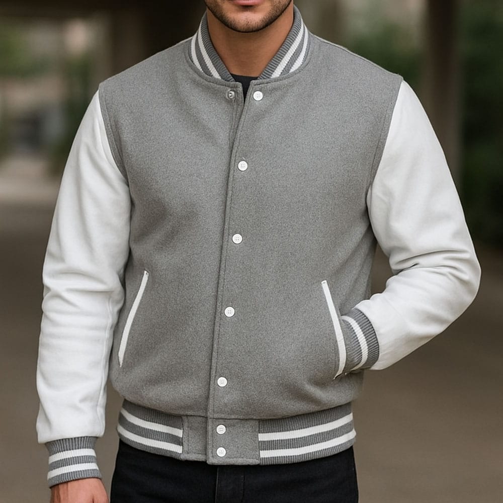 3 Men’s Gray Varsity Jacket with White Sleeves | Wool Letterman College Baseball Jacket | Classic Gray and White Varsity Outerwear for Men - Image 1